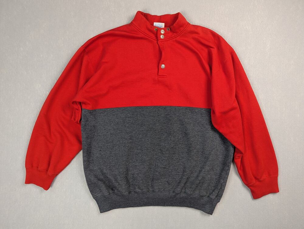 Vintage 90s Cheetah Mervyns Sweatshirt L Red Gray Colorblock Button Pullover